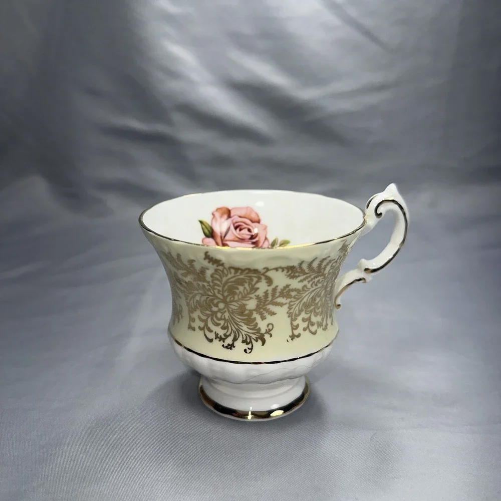 Paragon Tea Cup Saucer Floating Cabbage Rose Citron Yellow Gold Filigree A2645